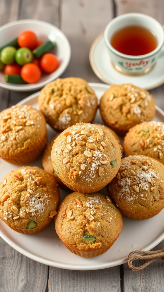 Healthy Oat Zucchini Carrot Muffins Recipe Freshly baked oat zucchini carrot muffins on a plate with powdered sugar, served with fresh fruit and tea.